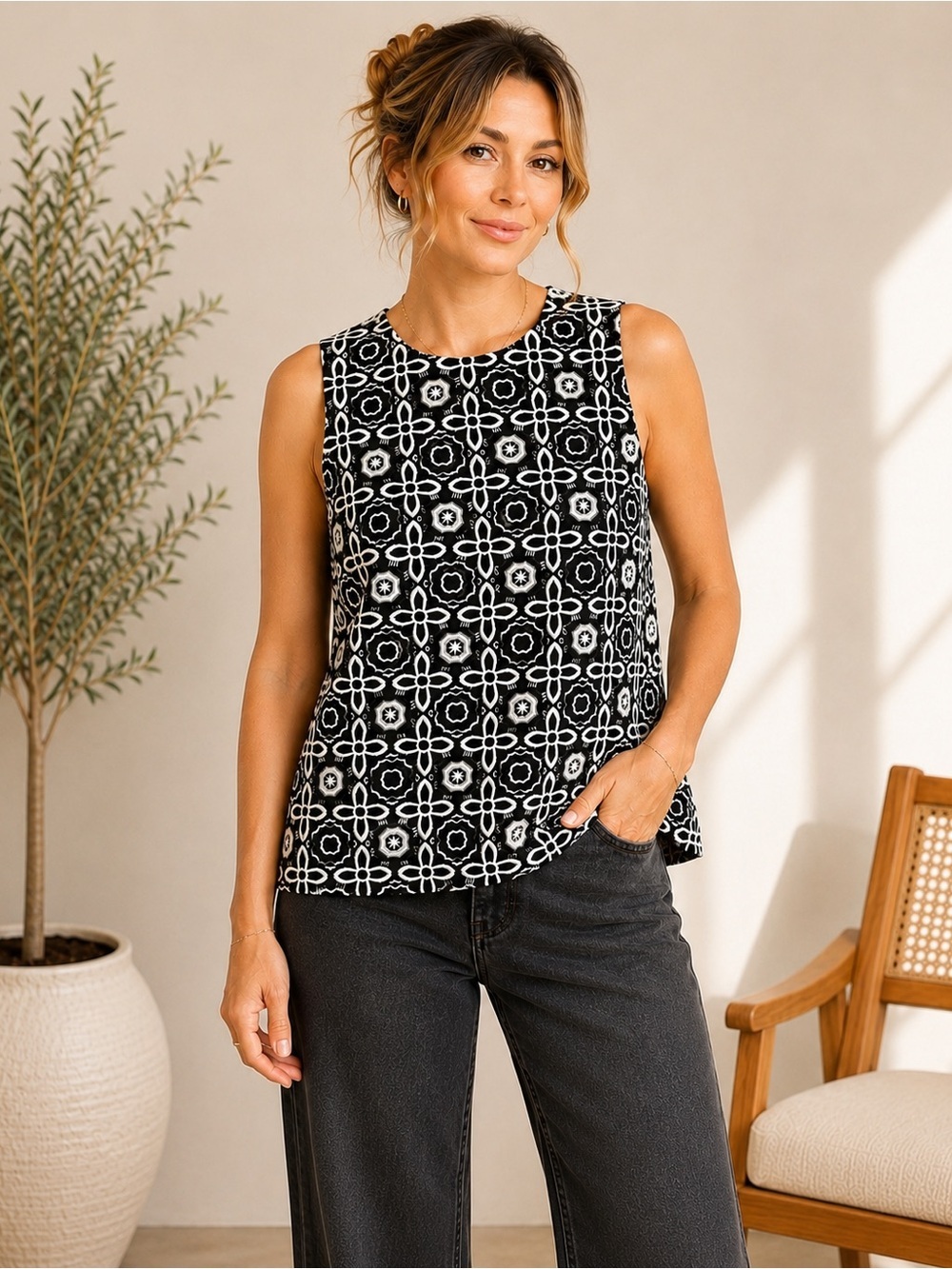 Peter Nygard Medium Black White Embroidered Sleeveless Blouse Eyelet